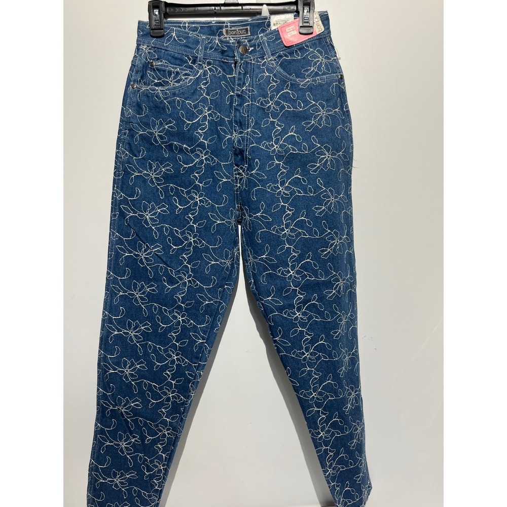 Bonjour Jean Co Vintage High Waisted Floral Embroidered Denim Jeans Blue Size 9